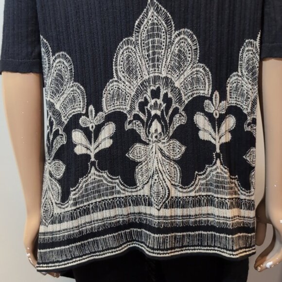 Vintage Chicos Damask Modal Cardigan Open Flyaway Front Short Sleeve Ribbed Knit - Picture 9 of 17